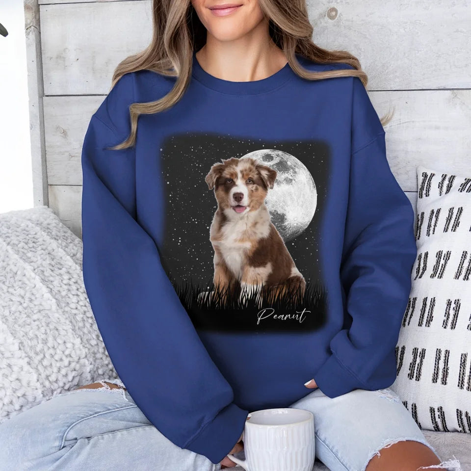 Custom Vintage Full Moon Pet Photo Sweatshirt - Personalized Dog Cat Lover Gift - Cozy Pullover for Family Matching Outfits, Couple Wear & Pet Memorial
