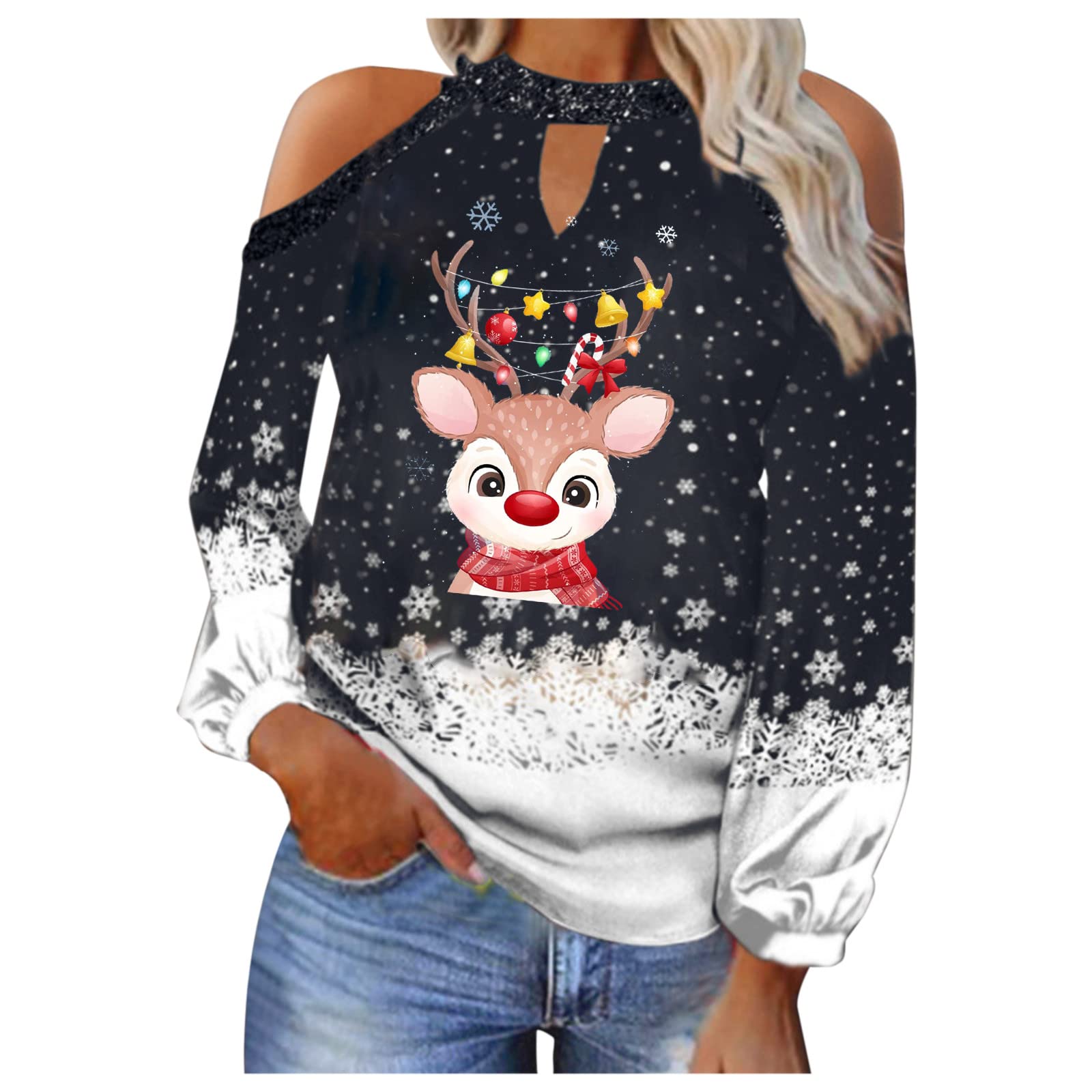 GFPGNDFHG Women's Christmas Crew Neck Pullover Sweater - Casual Loose Oversized Long Sleeve Sweatshirt for Holiday Parties & Winter Outfits