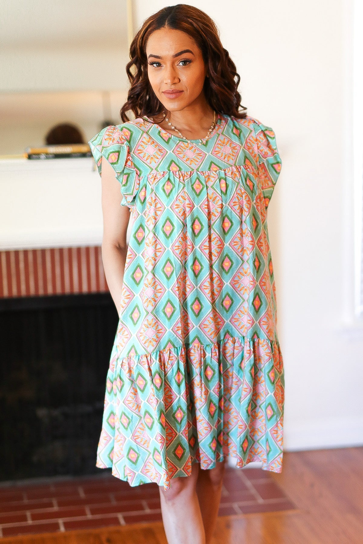 Boho Print Yoke Poplin Woven Dress - Floral Geometric Summer Dress for Women | Perfect for Beach Vacations, Music Festivals & Casual Outings