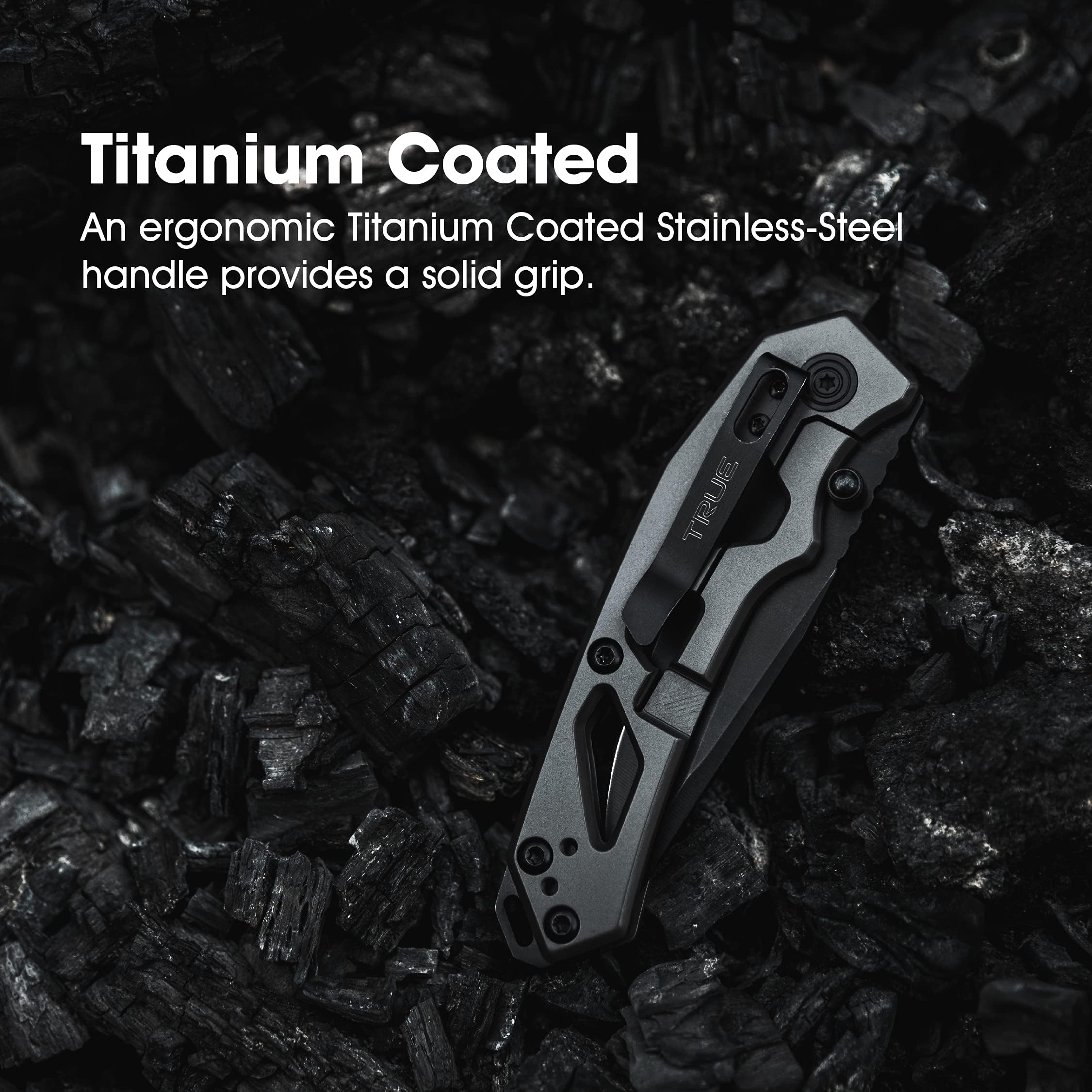 TRUE Tactical Knife - Black Partially Serrated Blade with Lightweight Handle, Glass Breaker & Pocket Clip | Survival, Camping, EDC & Outdoor Activities Knife
