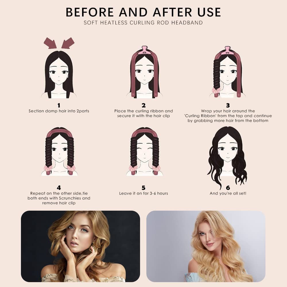 Heatless Hair Curlers for Long Hair - No Heat Curling Rod Headband for Overnight Sleeping, Soft Foam Rollers for Natural Waves & Curls (Black, Medium) | Perfect for Bedtime Styling & Damage-Free Hair Care