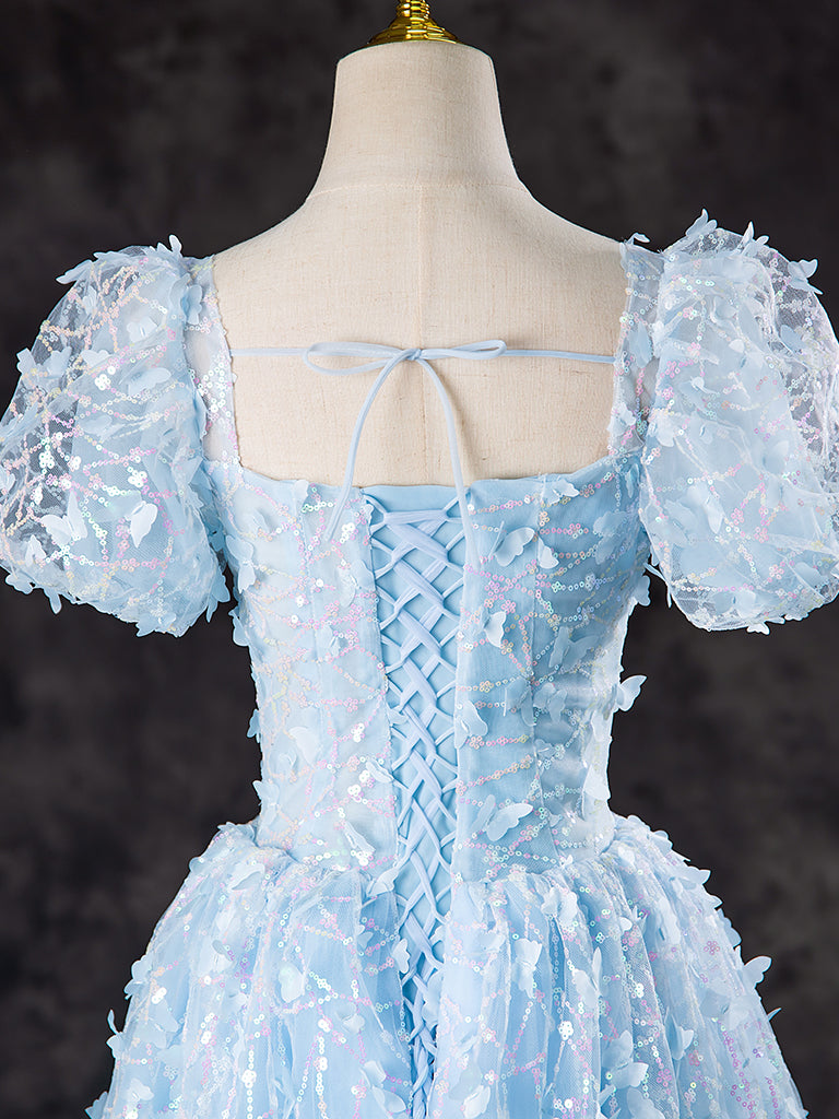 Elegant A-Line Puff Sleeves Tulle Lace Blue Short Prom Dress | Homecoming Party Dress | Perfect for Prom Night, Quinceañera & Special Occasions