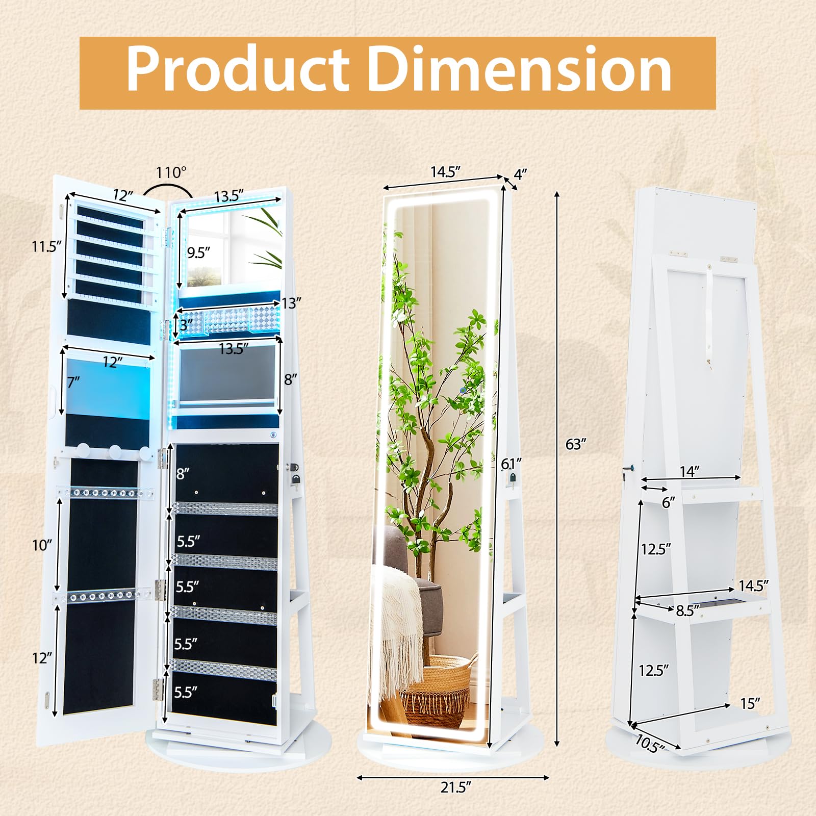GOFLAME 360° Swivel Jewelry Cabinet with Full-Length Mirror - Jewelry Storage Organizer with LED Lights, Foldable Shelf & Interior Mirror - White | Perfect for Bedroom, Closet & Dressing Room Organization