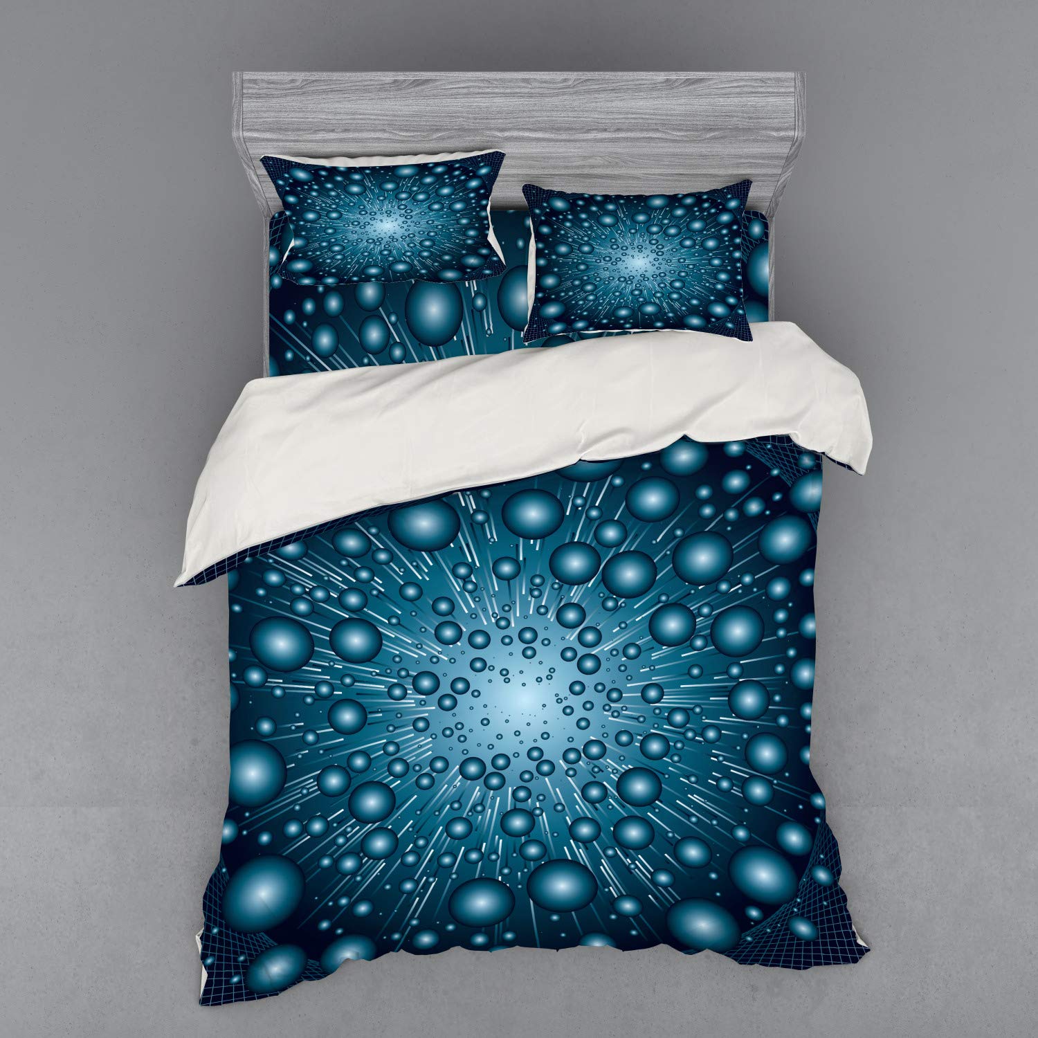 Ambesonne Futuristic Galaxy Duvet Cover Set - Digital Art Circular Spots & Energy Design, 4-Piece Queen Size Bedding Set with Shams & Fitted Sheet in Petrol Blue | Perfect for Sci-Fi Themed Bedrooms, Teen Rooms & Modern Home Decor