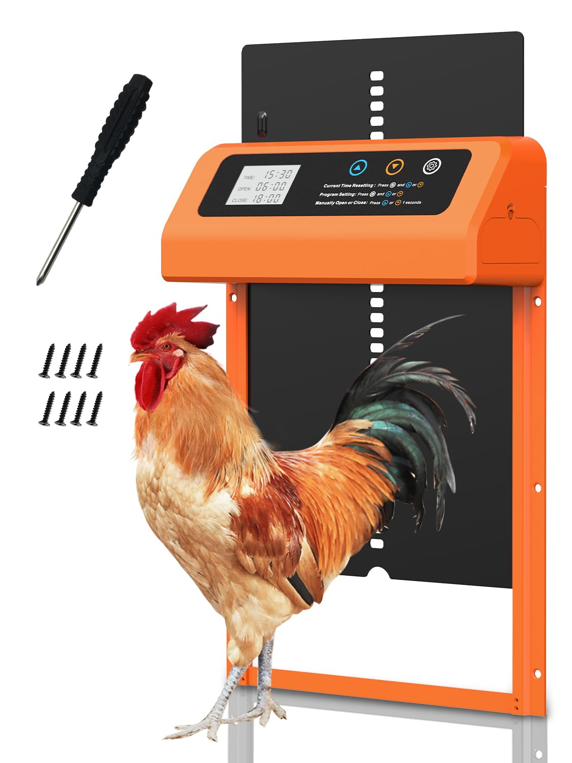 Automatic Chicken Coop Door - Solar Powered Aluminum Poultry Door with Timer, Anti-Pinch Safety & LCD Display for Hens, Ducks, Birds (Orange) - Perfect for Backyard Farms, Homesteads & Coops