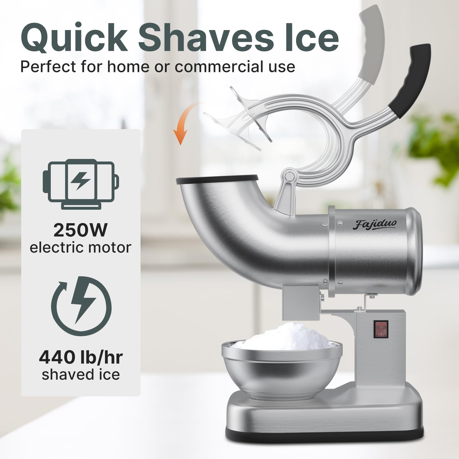 Commercial Stainless Steel Ice Crusher Machine - Dual Blade Ice Shaver for Snow Cones & Shaved Ice - 440 lbs/hr Capacity - Perfect for Home, Restaurants, Bars & Parties - Great for Summer Treats, Cocktails & Dessert Stations