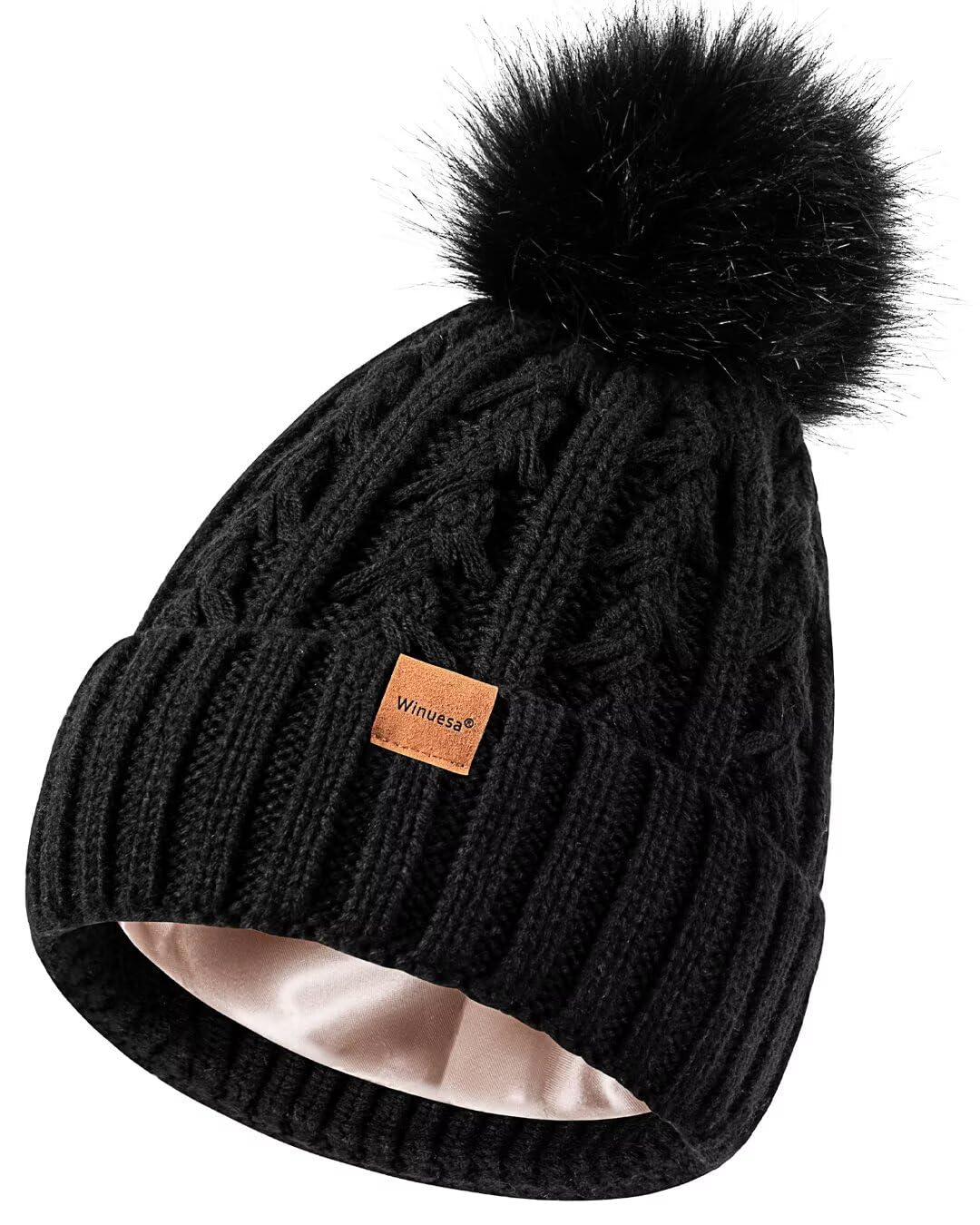 Winuesa Women's Satin Lined Beanie with Pom Pom - Fashionable Winter Knit Hat, Soft Silk Lined Skull Cap for Warmth & Style | Perfect for Cold Weather, Outdoor Activities & Casual Outfits