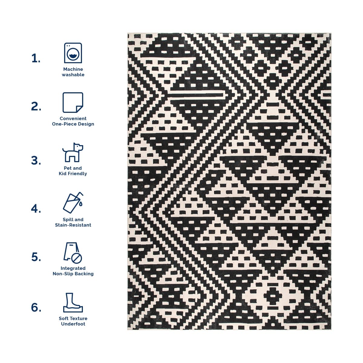 Alexis Trellis Washable Rug - Black | Non-Slip Indoor Outdoor Carpet | Perfect for Living Room, Bedroom, Patio & Entryway