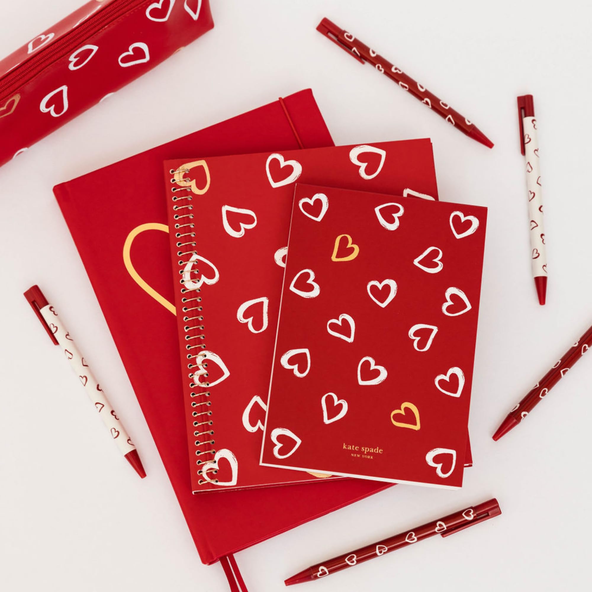 Kate Spade New York Heart Print Pen & Pencil Case Set - Includes 2 Pencils, Sharpener, Eraser, Ruler - Stylish Zip Pouch for Office, School, Work & Travel Organization (Brushstroke Hearts Design)