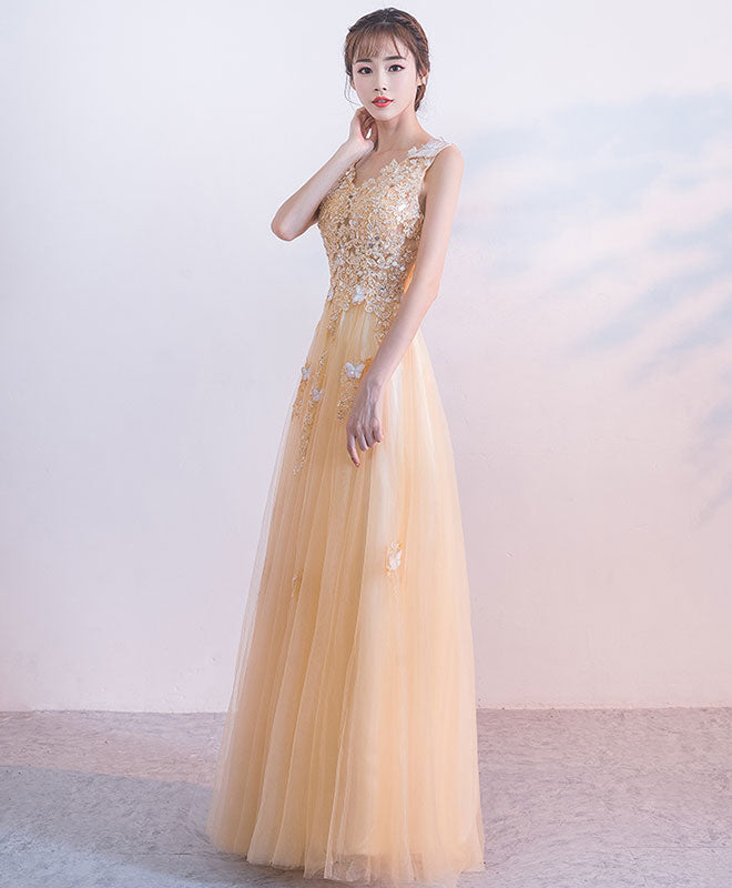 Elegant Champagne Tulle Lace Long Prom Dress - A-Line Evening Gown for Formal Dances & Special Occasions | Perfect for Homecoming, Prom Night & Black Tie Events