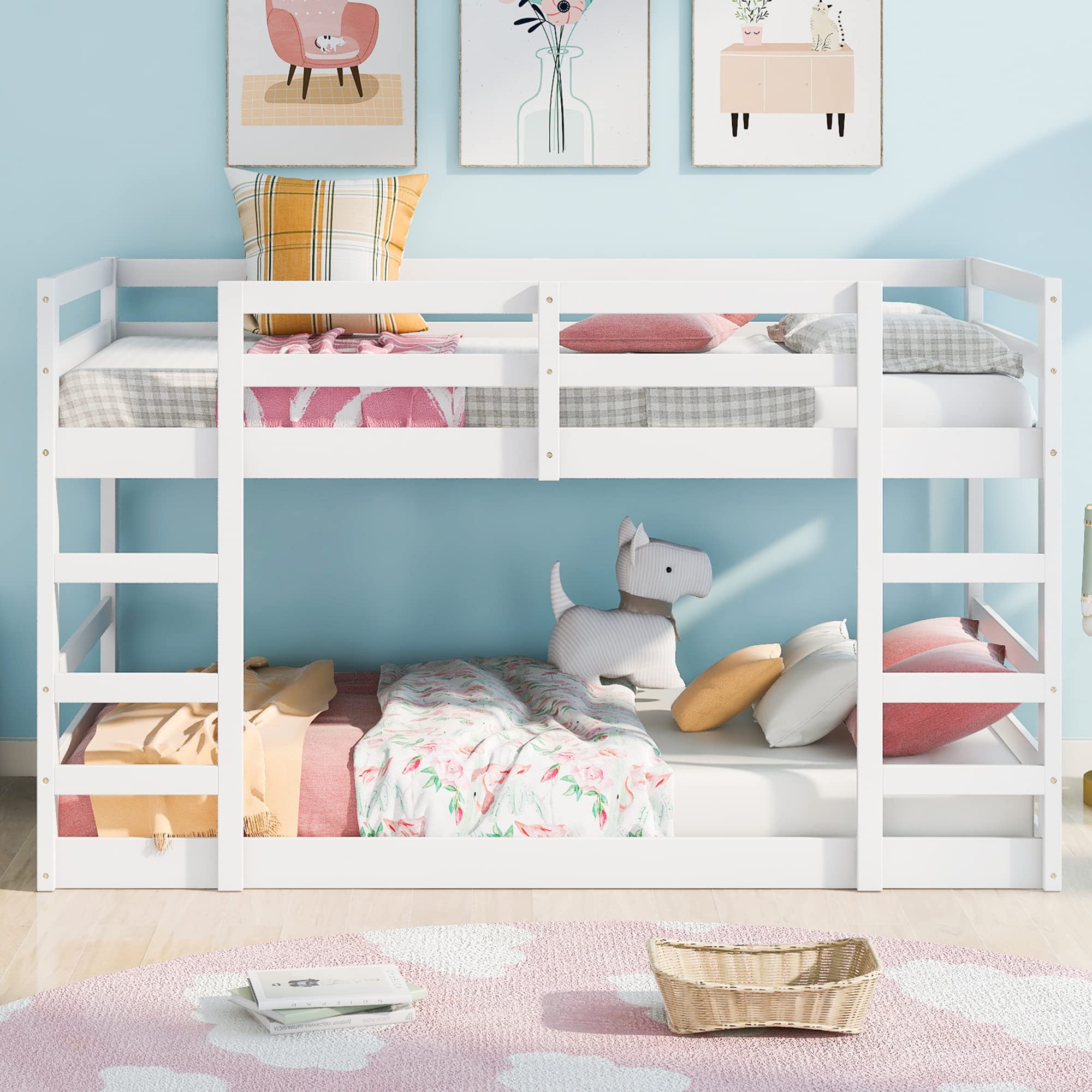 P PURLOVE Twin Over Twin Wooden Low Bunk Bed for Kids & Teens - Sturdy Low Loft Bed with Wood Slats, No Box Spring Needed - Perfect for Small Bedrooms, Shared Kids Rooms & Sleepovers