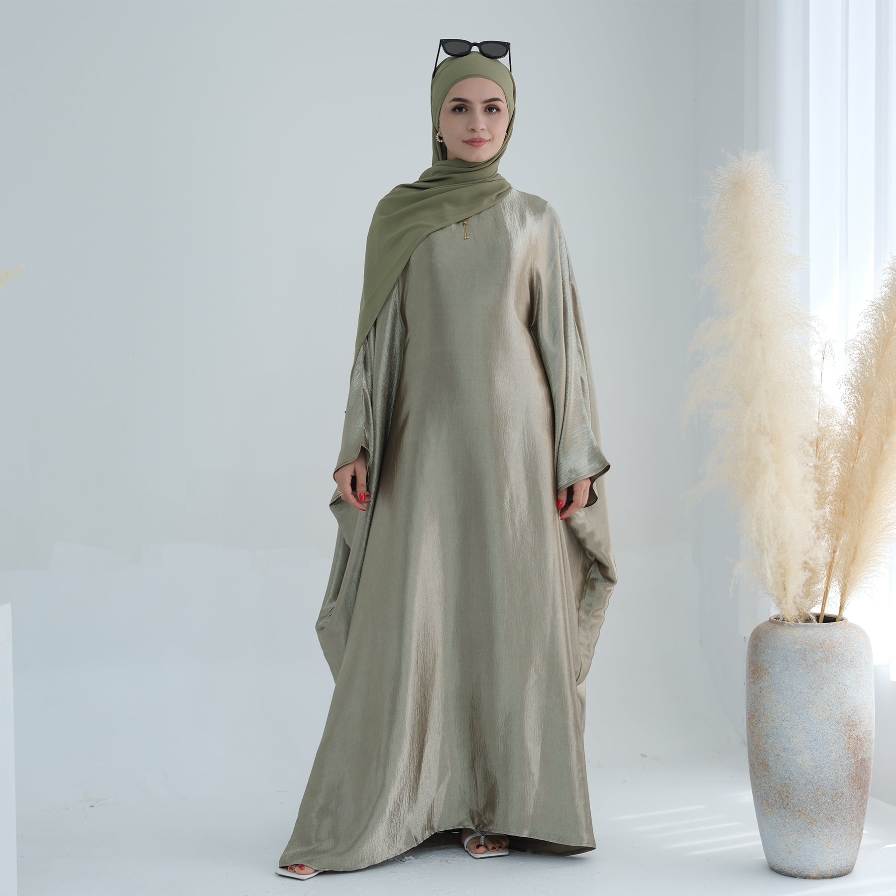 Elegant Alisha Butterfly Satin Abaya Dress - Sage Green Islamic Prayer Gown for Women | Perfect for Eid, Mosque & Special Occasions