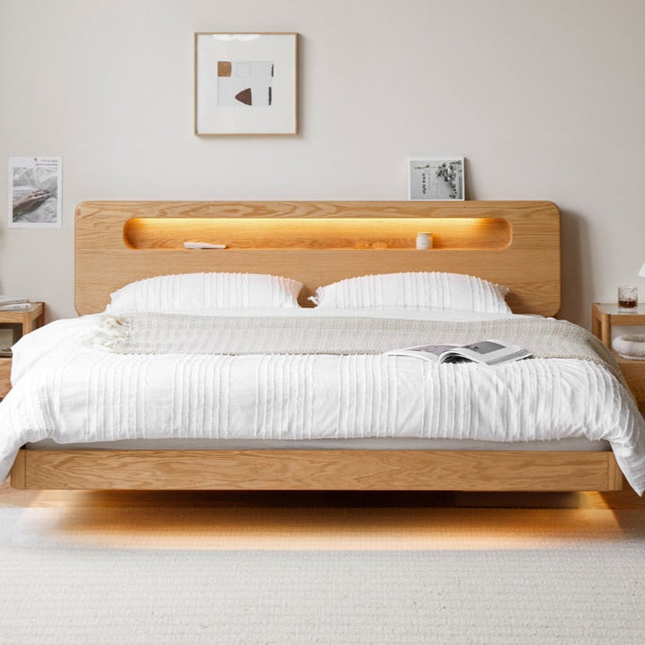 Solid Oak Wood Suspension Luminous Bed - Modern Floating Platform Bed with LED Lighting for Bedroom, Guest Room, or Dorm