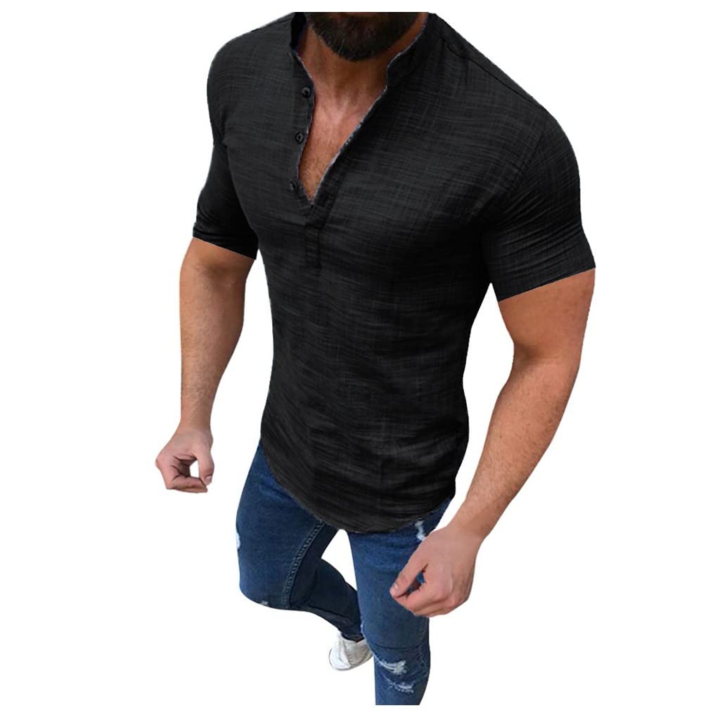 Premium Men's Tailored Cotton Linen Dress Shirt - Slim Fit Short Sleeve T-Shirt & Blouse Top in Black & Silver | Business Casual, Office Wear, Summer Outfits & Formal Occasions