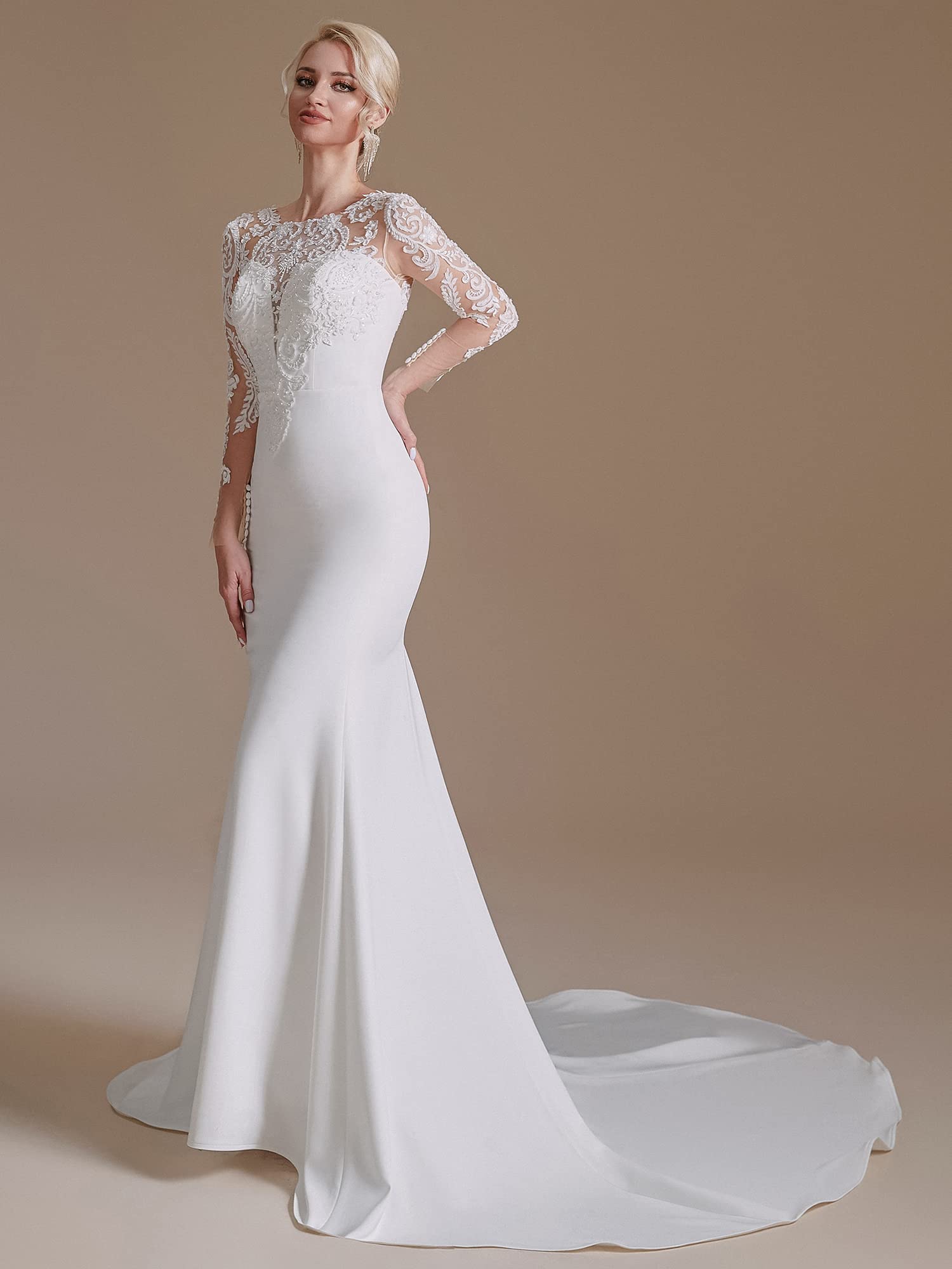 2022 Elegant Lace Appliques Chiffon Wedding Dress for Bride - Long Sleeves Beach Bridal Gown | Perfect for Beach Weddings, Outdoor Ceremonies & Romantic Photos