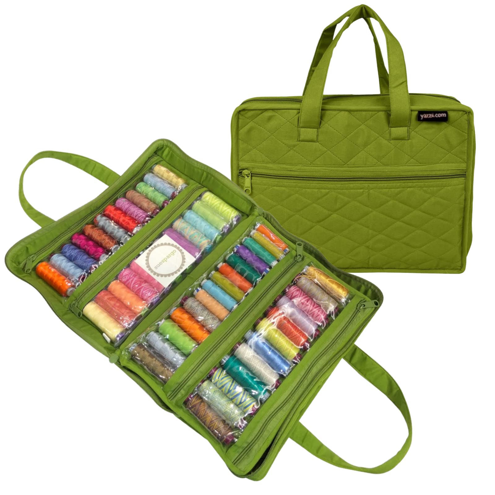 Yazzii 100 Spool Thread Organizer - Portable Sewing Thread Storage Bag with Adjustable Dividers - Perfect for Embroidery, Quilting & Crafting Projects at Home or On The Go (Green)