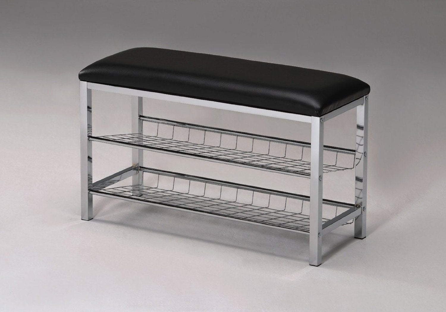Roundhill Furniture Metal Shoe Bench with Faux Leather Seat - Chrome & Black Entryway Shoe Storage Bench for Hallway, Bedroom or Mudroom Organization