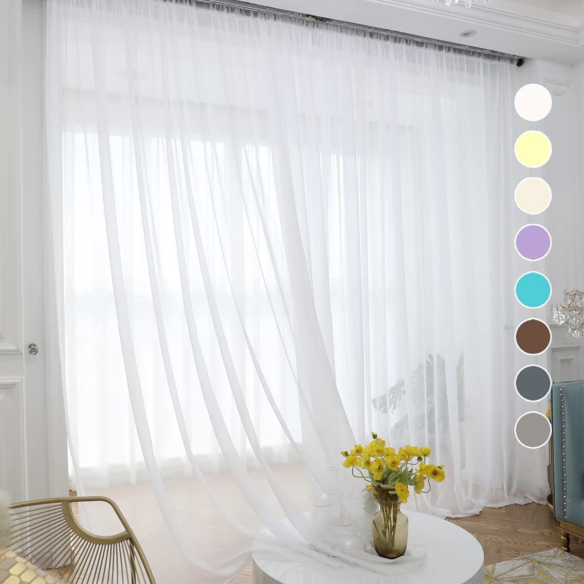White Sheer Curtains 84 Inches Long - 2 Panels Rod Pocket Voile Semi-Sheer Window Drapes for Kitchen, Bedroom & Living Room - Light Filtering Privacy Curtains (52