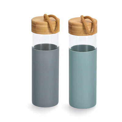 Eco-Friendly 500ml Glass Bottle with Bamboo Lid & Silicone Sleeve - Leakproof, BPA-Free Water Bottle for Gym, Office, Hiking & Travel (Multiple Colors)