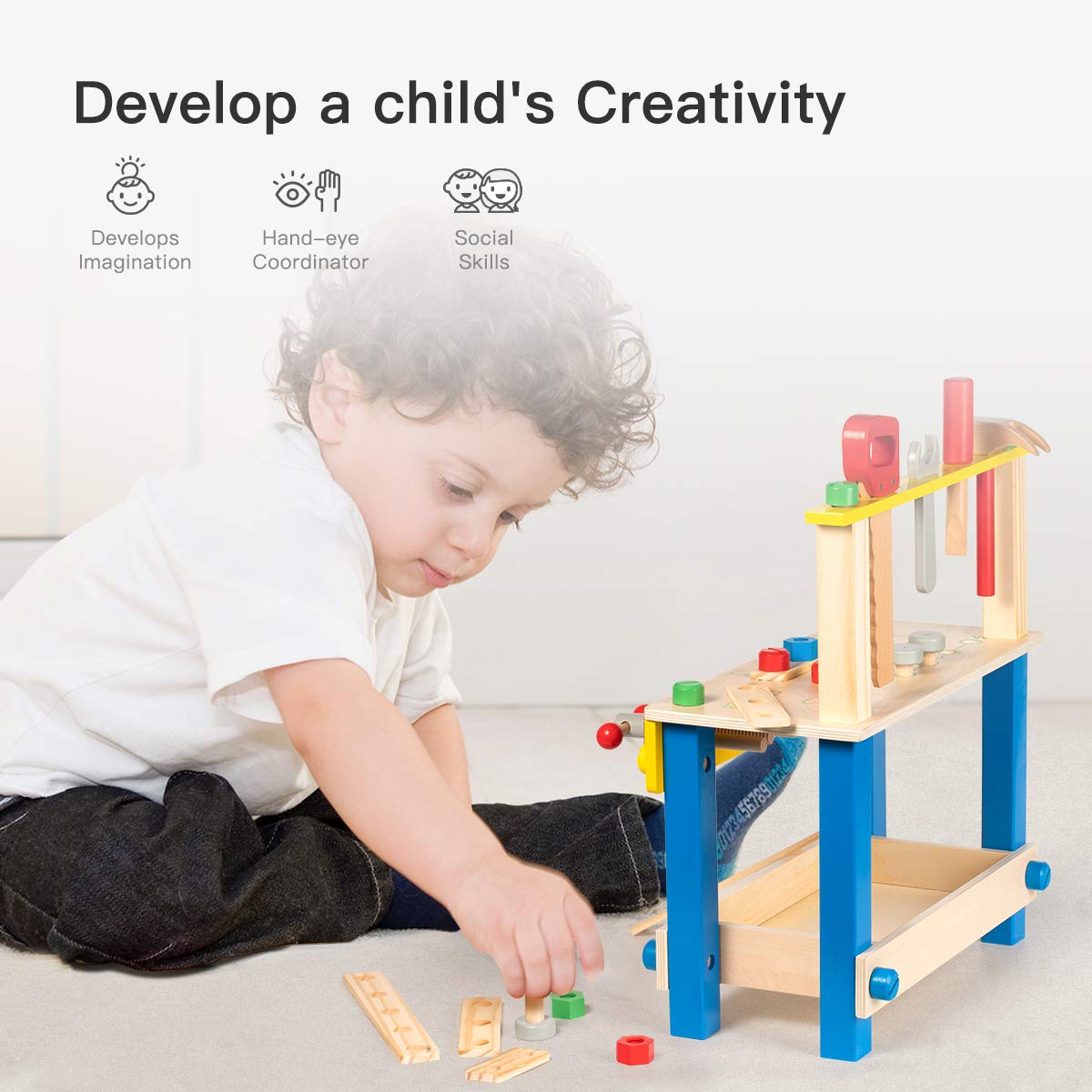 ROBUD Solid Wood Kids Tool Stand Set - Wooden Workbench Toy for Toddlers & Children Ages 3+ | Perfect Birthday Gift for Boys & Girls | Pretend Play, DIY Projects & Early Learning Activities