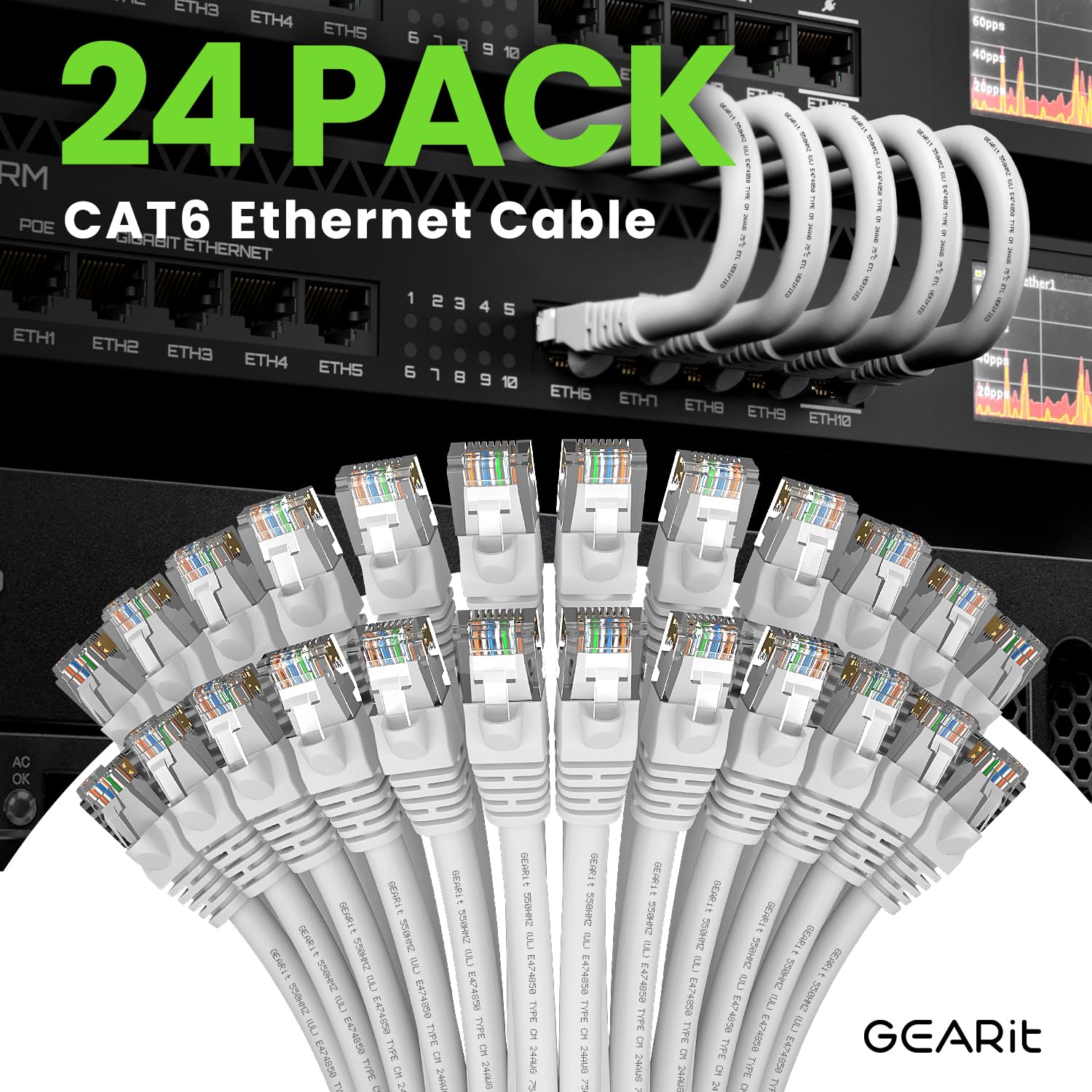 GearIT Cat 6 Ethernet Cable 24-Pack (7 Feet) - 10Gbps High-Speed Snagless RJ45 Network Patch Cord with Gold-Plated Connectors - for PC, Laptop, TV, Router, Gaming, Home Office & Data Center - White