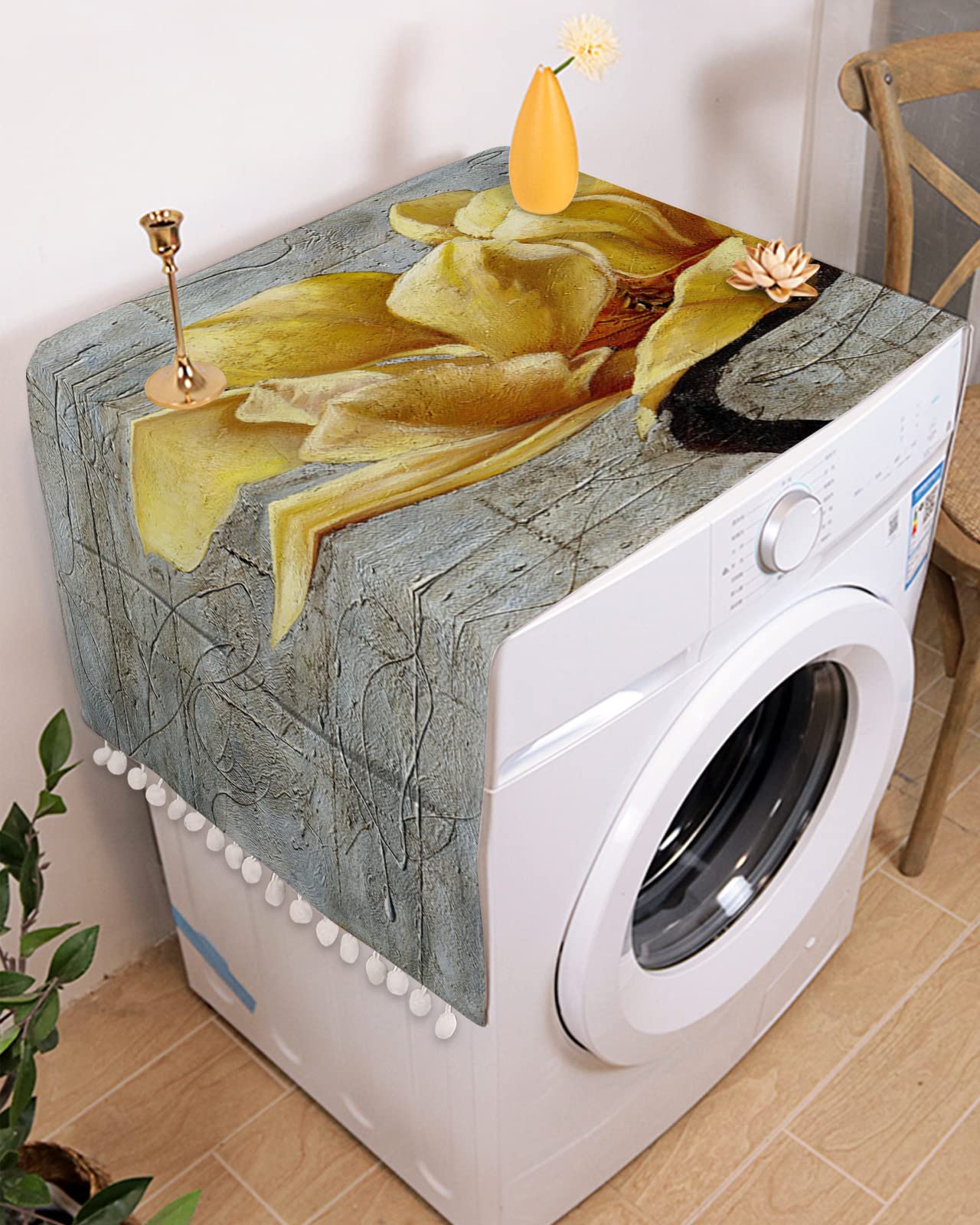 Yellow Magnolia Flower Dust Cover for Washing Machine, Refrigerator, Oven & Dryer - 21x51in Waterproof Appliance Protector with Storage Pockets - Perfect for Kitchen, Laundry Room & Home Organization