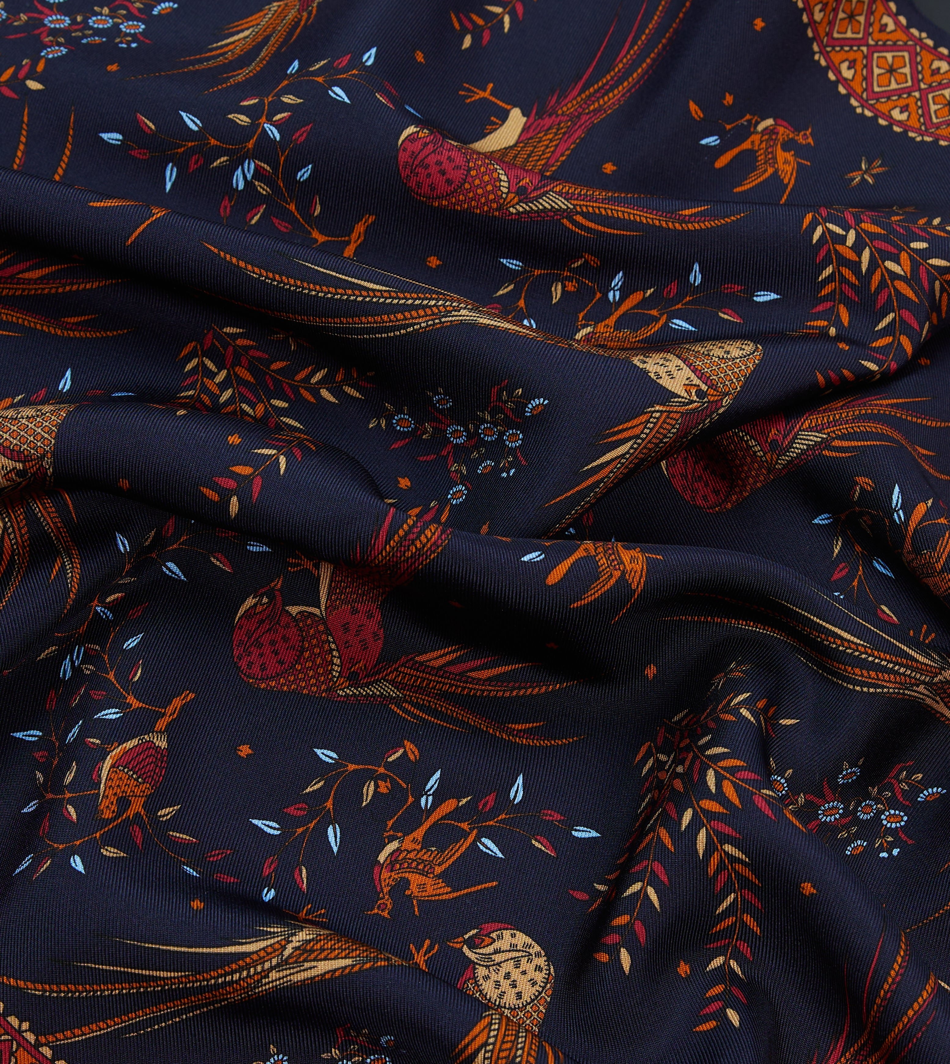 Navy Blue Birds of Paradise Print Silk Scarf with Tassels - Elegant Fashion Accessory for Women, Perfect for Parties, Weddings & Special Occasions