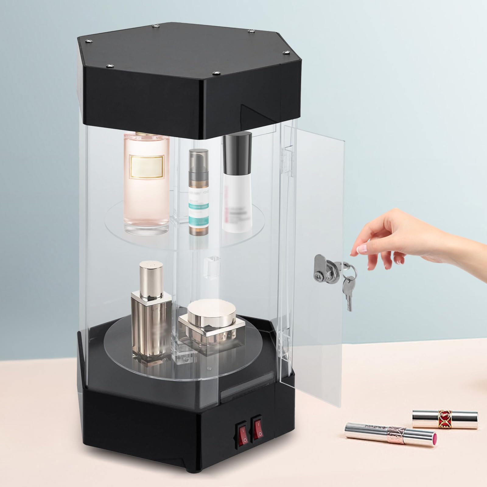 360° Rotating LED Acrylic Display Case with Lock & Keys - 2-Tier Electric Jewelry Showcase for Watches, Sunglasses & Cosmetics | Perfect for Retail Stores, Boutiques and Trade Show Displays