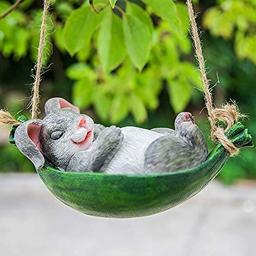 Funny Outdoor Hanging Rabbit Statues - Small Animal Garden Sculpture & Fairy Garden Decor - Swinging Rabbit Leaf Hammock for Lawn, Patio, Yard Decoration - Perfect for Backyard Parties & Spring Garden Themes