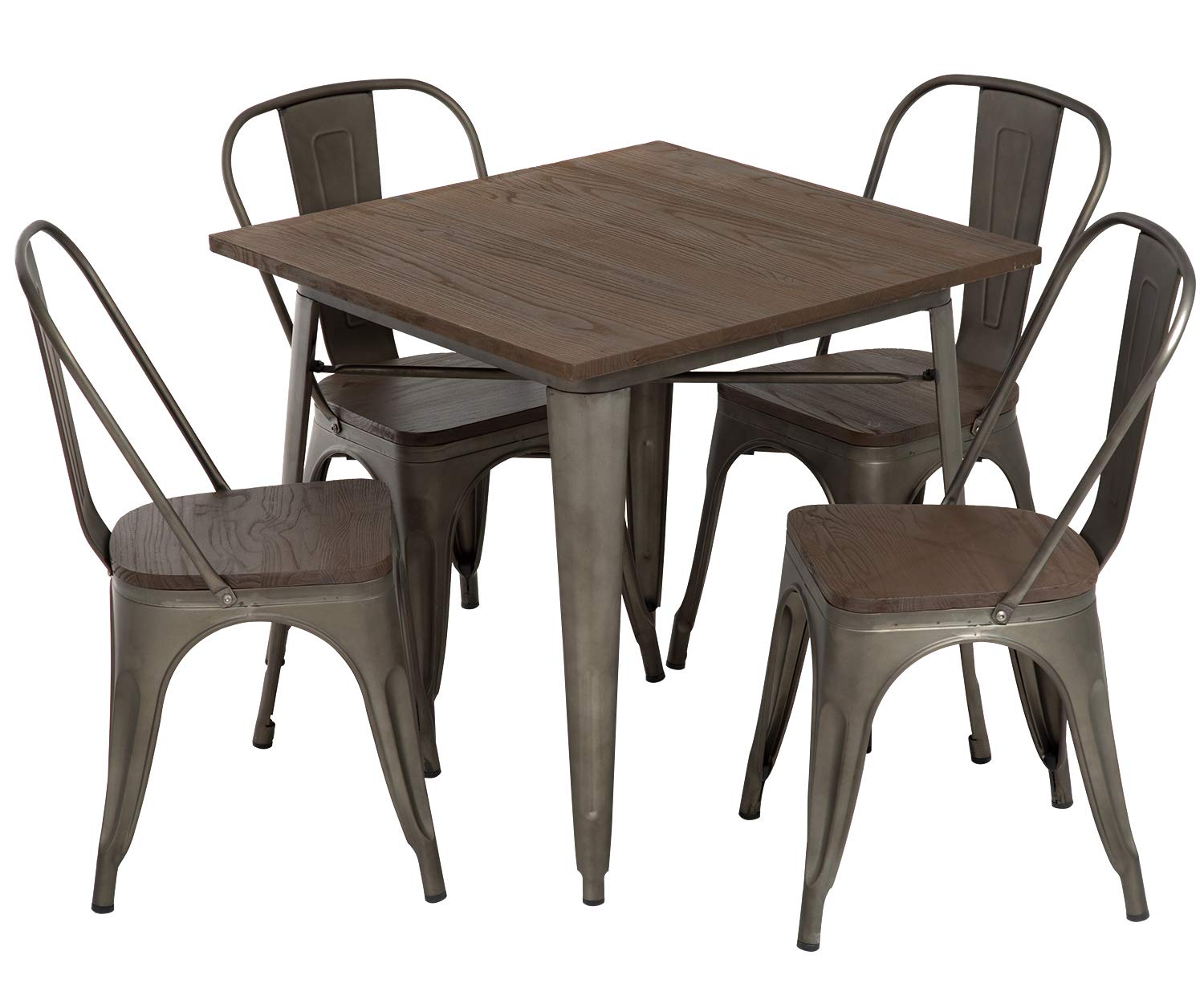 FDW 5-Piece Outdoor Patio Dining Set - 31x31 Inch Square Metal Table with Wood Top & 4 Chairs - Perfect for Backyard, Garden, Restaurant, or Indoor Kitchen Use