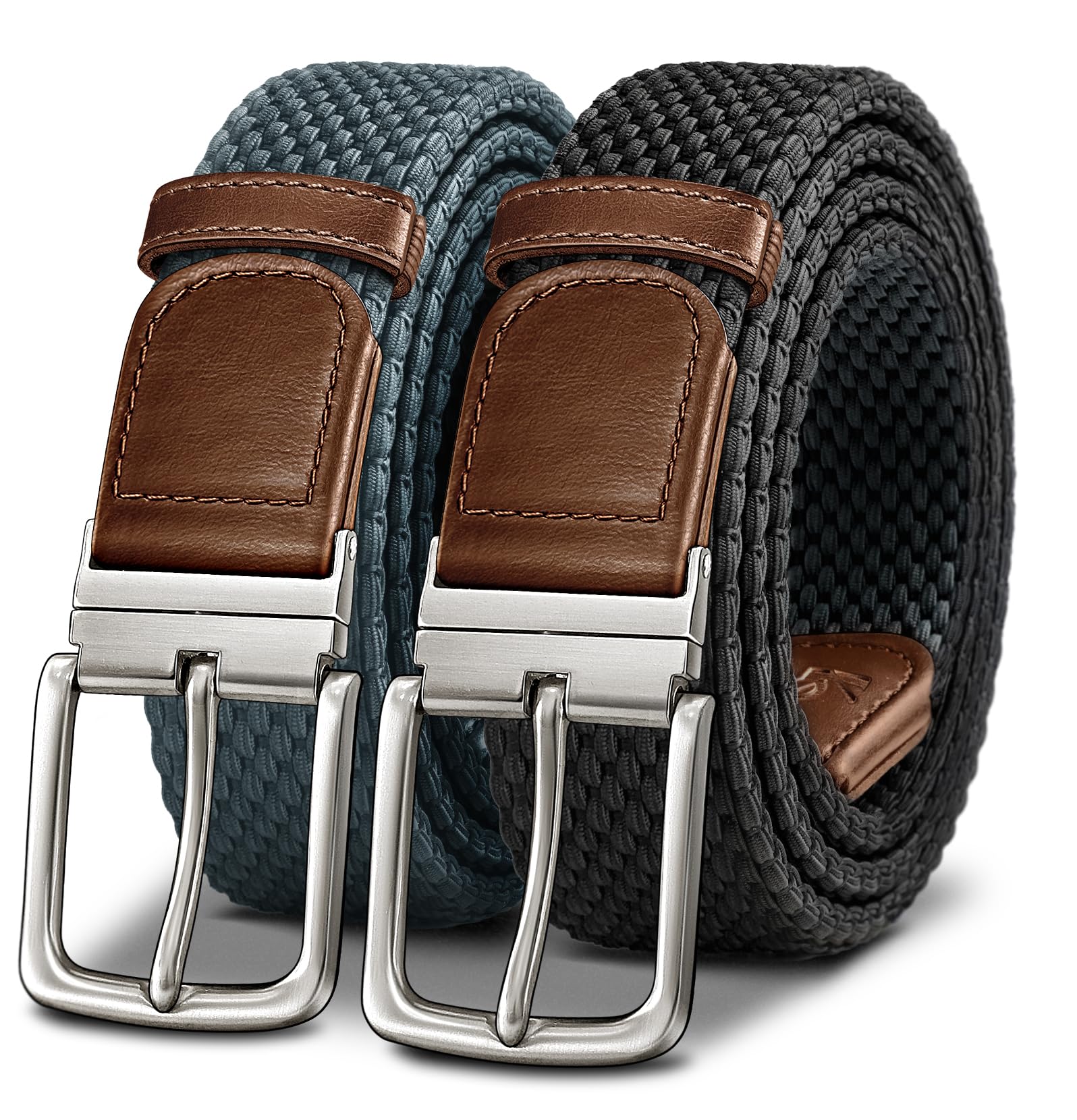 KEMISANT Reversible Braided Belt for Men - Stretchable Elastic Golf & Casual Belt - 2-in-1 Design (1 3/8