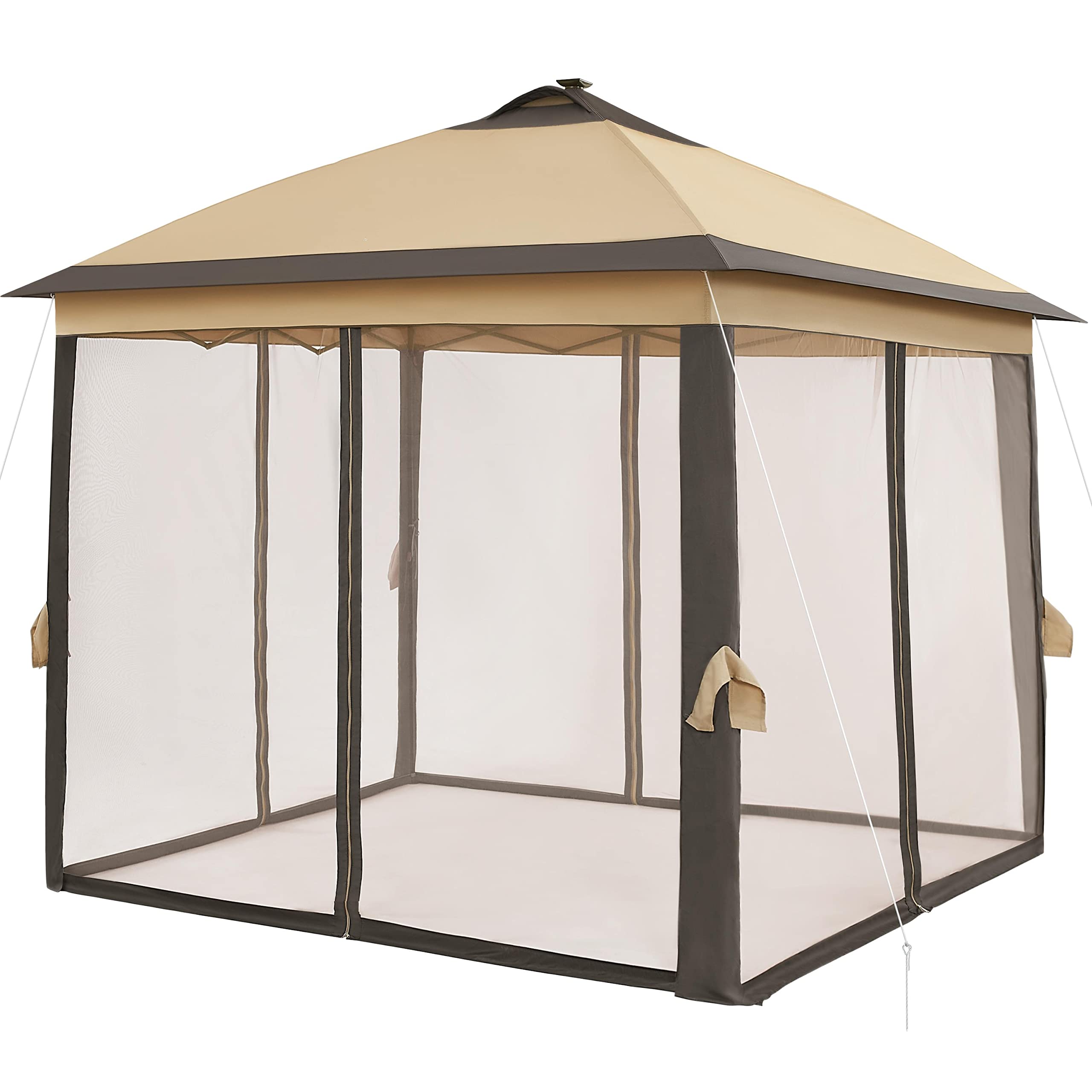 Topeakmart 11x11Ft Outdoor Pop Up Gazebo Canopy with Mesh Netting & Solar LED Lights - Patio Garden Shade Shelter for Backyard, Camping, Picnics (Khaki & Brown)