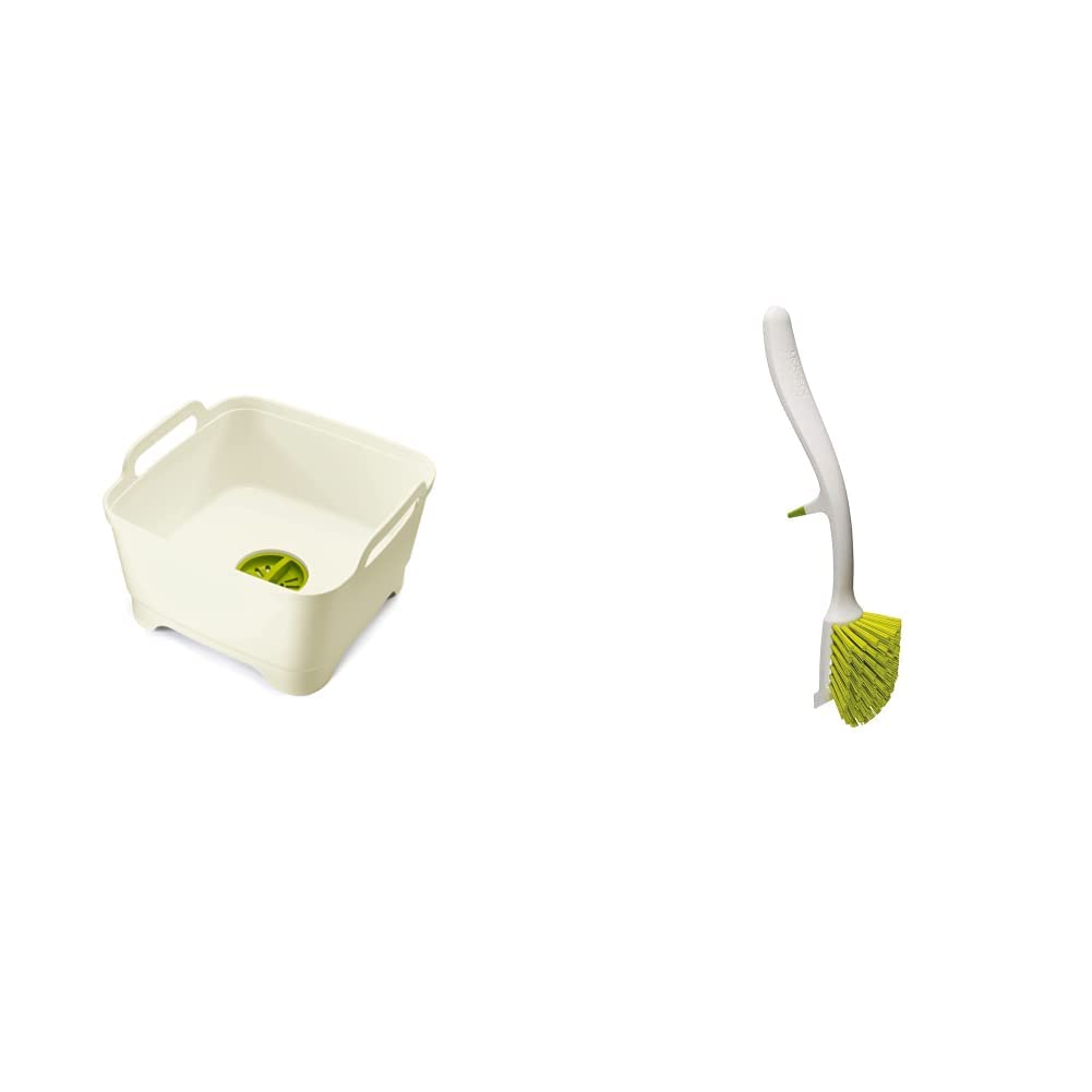Joseph Joseph Wash & Drain Dishpan with Integrated Sink Rest - White Collapsible Kitchen Sink Basin & Green Edge Dish Brush - Perfect for Washing Dishes, Fruits, and Vegetables in Small Spaces