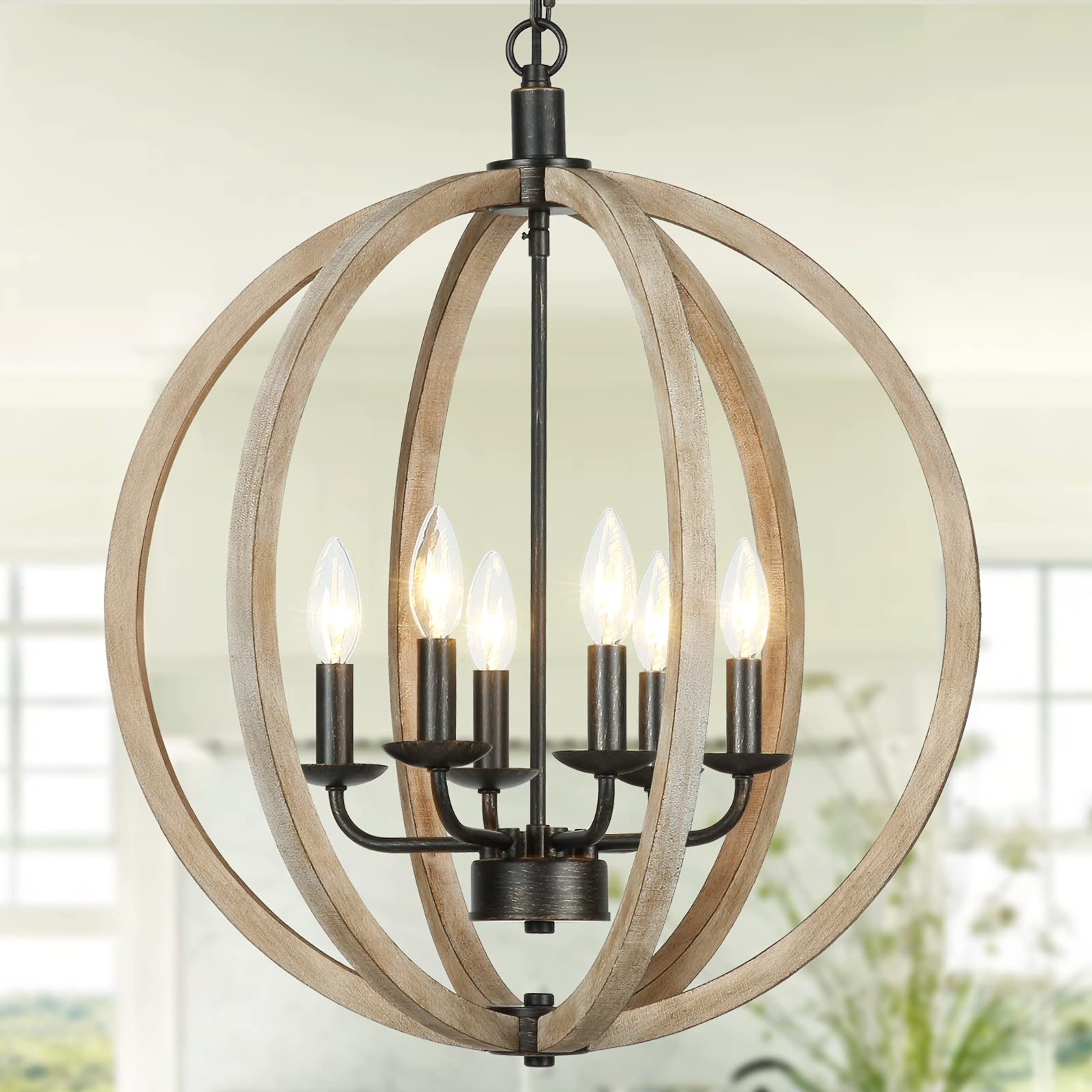 Handmade Wooden Orb 6-Light Farmhouse Chandelier with Brown Glass Globes - 20