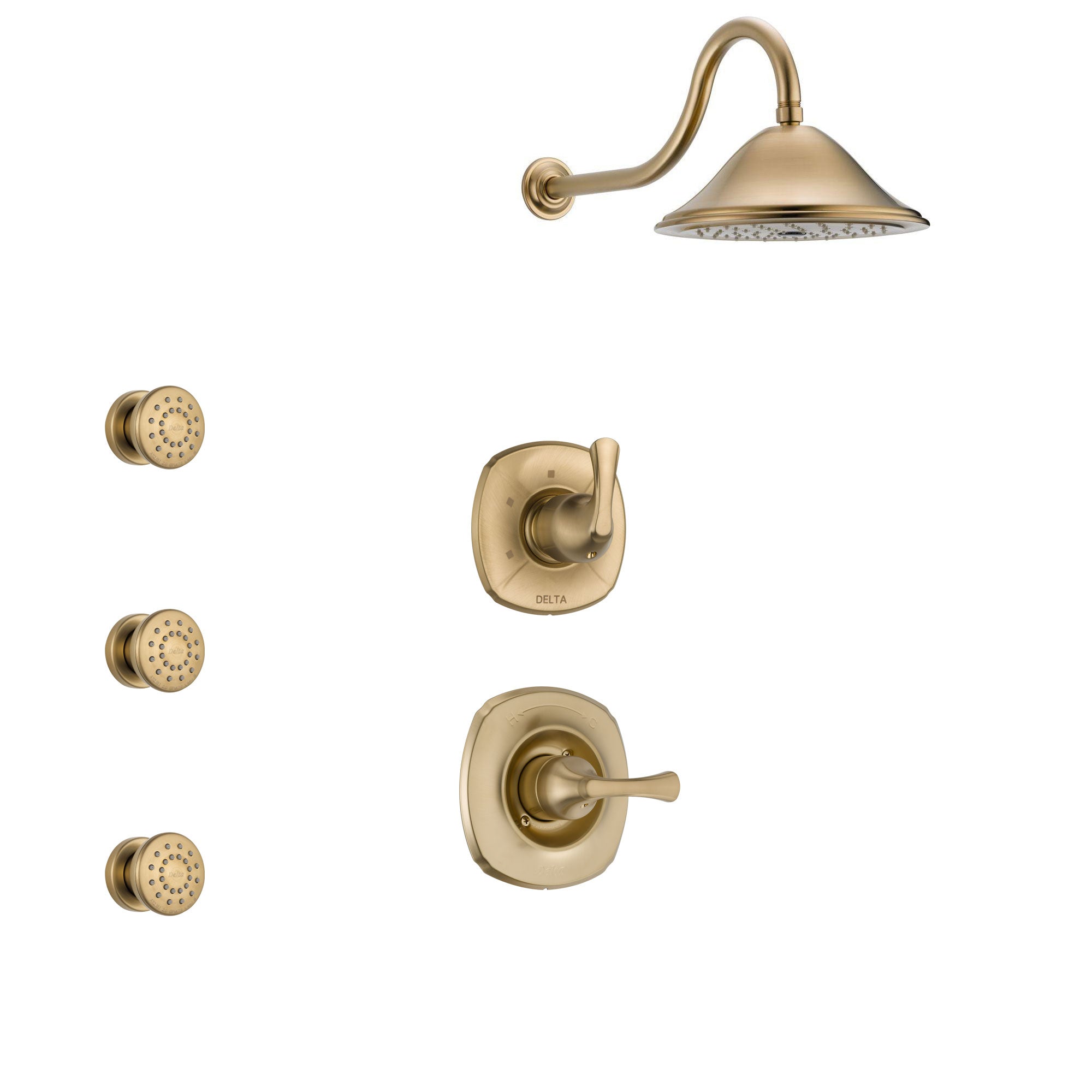 Delta Addison Champagne Bronze Shower System with 3-Setting Diverter, Showerhead & 3 Body Sprays - SS1492CZ1 - Perfect for Luxurious Bathroom Upgrades & Spa-Like Shower Experience