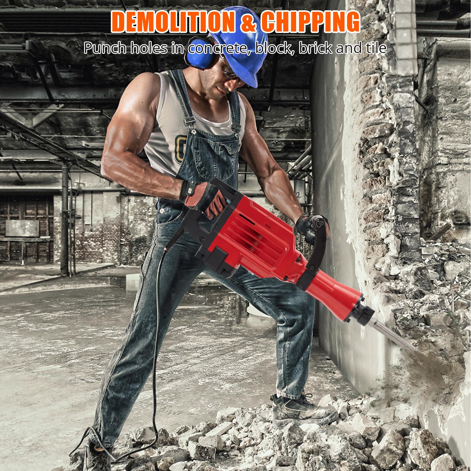 3600W Heavy Duty Electric Demolition Jack Hammer - Concrete Breaker with 4-Piece Chisel Bit Set, Carrying Case, Noise Canceling Earplugs & Shoulder Strap - Ideal for Construction, Demolition & DIY Home Renovation Projects