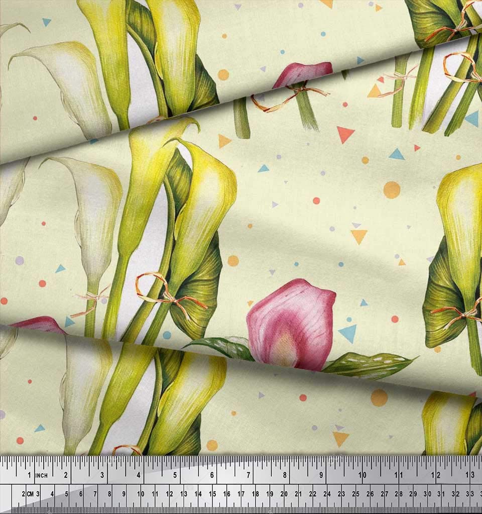 Soimoi 100% Cotton Cambric Fabric - Yellow Floral Print with Triangle, Leaves & Lily Flowers - 56