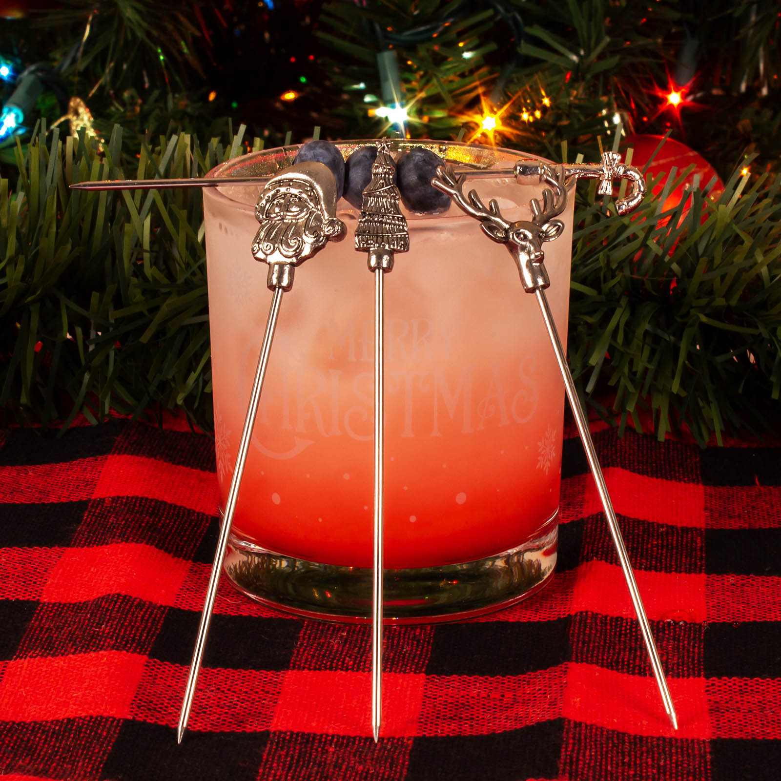 BarConic® 4-Piece Christmas Cocktail Picks Set - Reusable Stainless Steel Drink Stirrers for Holiday Parties, Cocktail Garnish & Festive Beverage Decorations