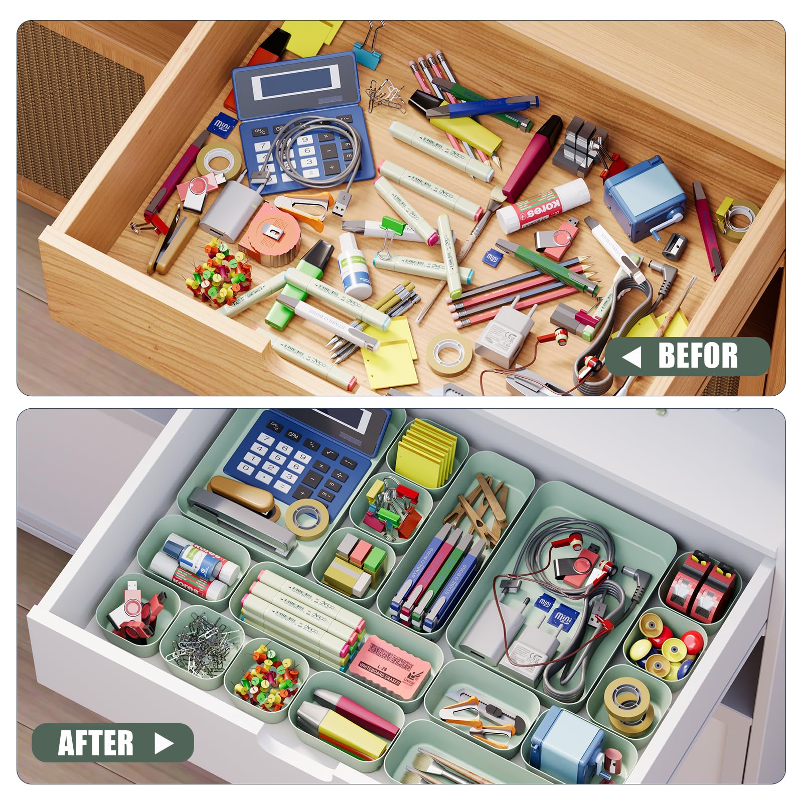 Famhap 9-Piece Plastic Drawer Organizer Set - Desk Drawer Dividers & Vanity Storage Bins for Makeup, Jewelry, Utensils & Gadgets | Perfect for Kitchen, Bedroom, Bathroom & Office Organization (Dark Green) | Space-Saving Solution for Clutter-Free Home & Workspace