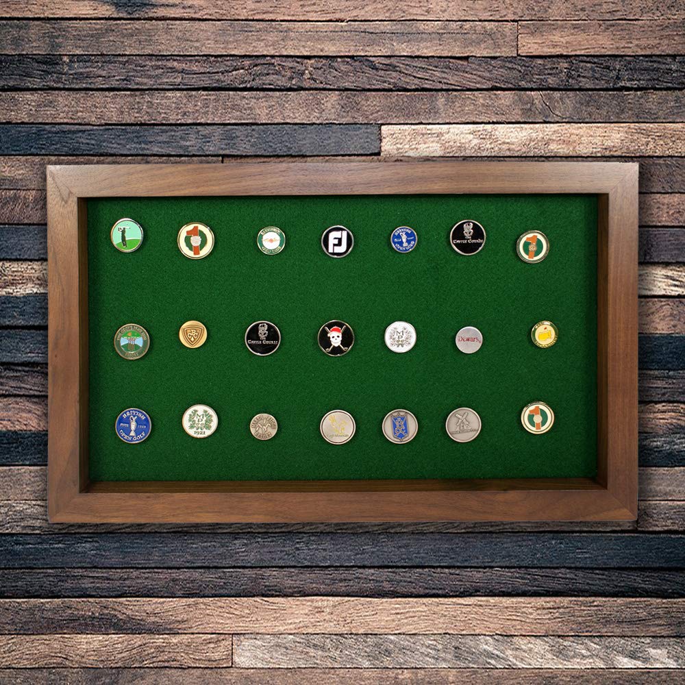 Premium Walnut Golf Ball Marker Display Case - Holds 40 Pegged or Flat Ball Markers - Wall Mounted Wooden Case (15.5