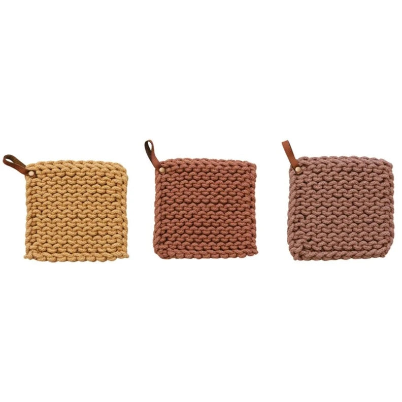 Fall Hues Crocheted Pot Holder with Leather Loop - Heat Resistant Kitchen Accessory for Cooking, Baking & Serving - Perfect for Thanksgiving & Christmas Gifts
