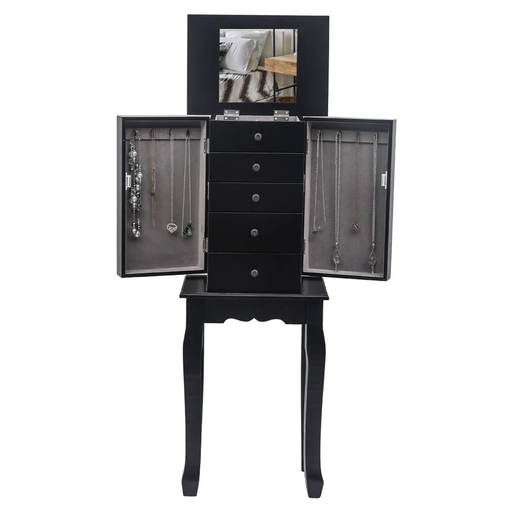 5-Tier Wooden Jewelry Cabinet Armoire - Standing Storage Organizer with Mirror for Necklaces, Rings & Earrings - Perfect for Bedroom, Closet & Dressing Room (Black)