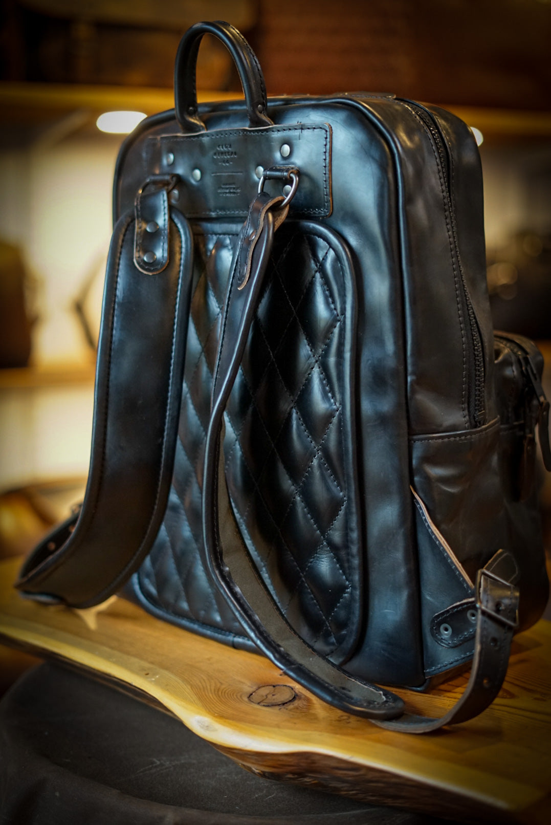 Premium Commuter Backpack for Men & Women - Durable Diamond Stitch Design with Horween Black Leather - Perfect for Work, Travel & Daily Use