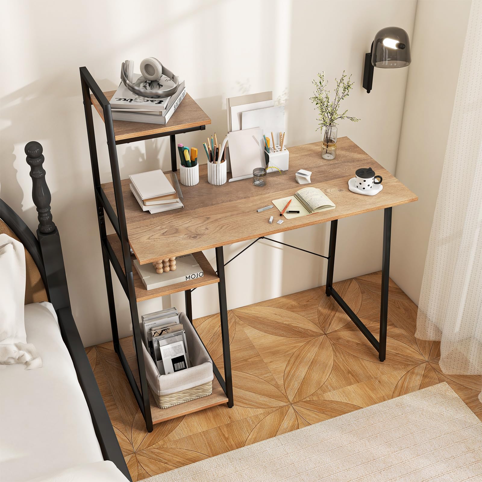 Tangkula Space Saving Computer Desk with 3-Tier Ladder Shelf - Modern Home Office Desk with Metal Frame, Compact Writing Study Table & Storage Bookshelf for Small Spaces (Natural) - Perfect for Home Office, Dorm Room, and Small Apartment Workspaces