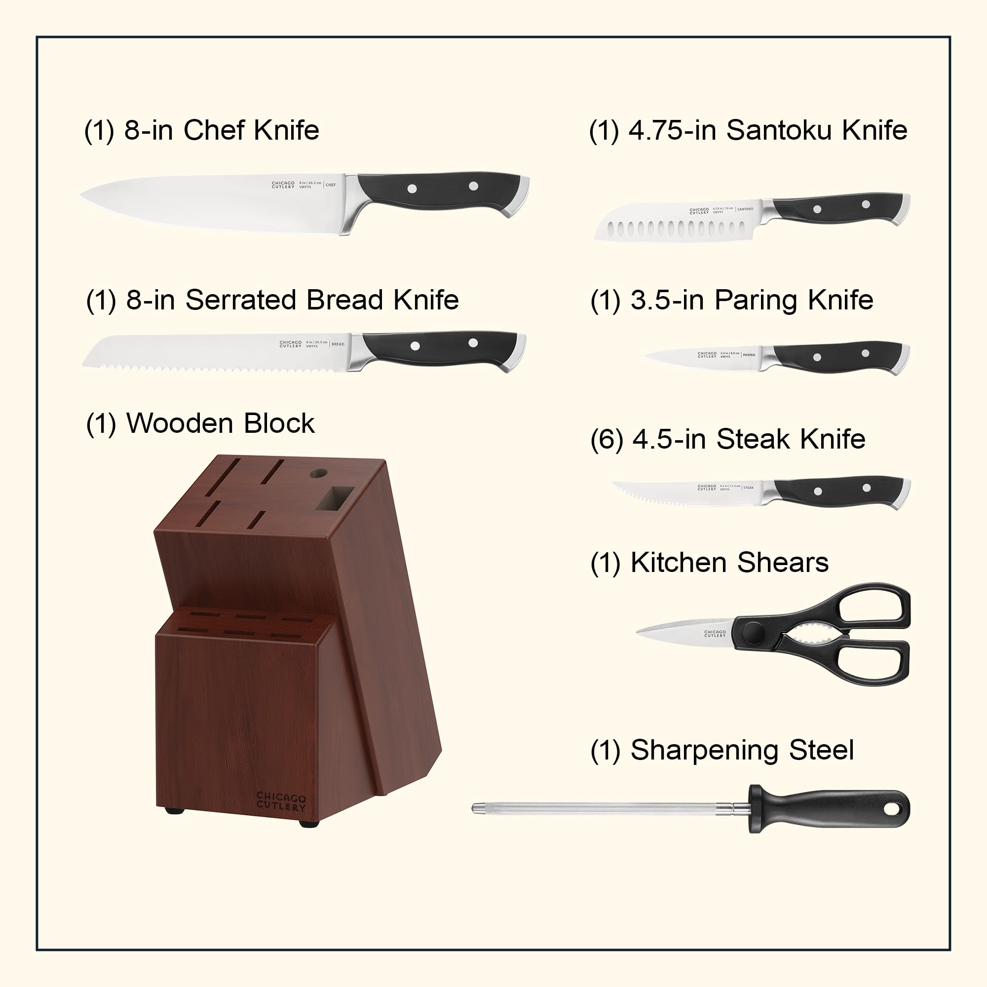 Chicago Cutlery Armitage 13-Piece Professional Knife Block Set - Stainless Steel Kitchen Knives with Steak Knives, Wooden Block & Ergonomic Black Handles - Perfect for Home Chefs, Cooking Enthusiasts & Professional Kitchens
