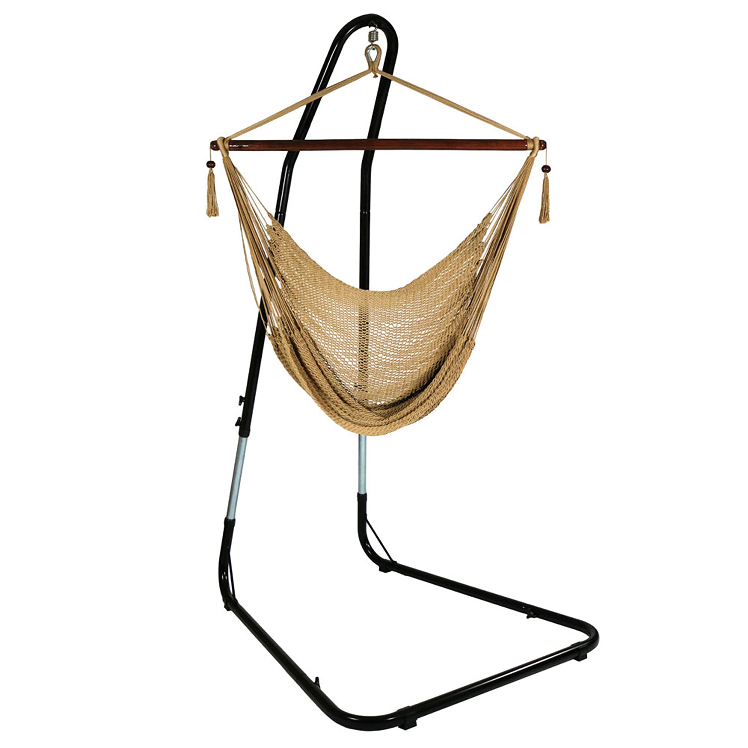 Sunnydaze Caribbean-Style Hanging Rope Hammock Chair with Adjustable Stand - 300 lb Weight Capacity - Tan - Perfect for Indoor & Outdoor Relaxation in Backyard, Patio, or Balcony