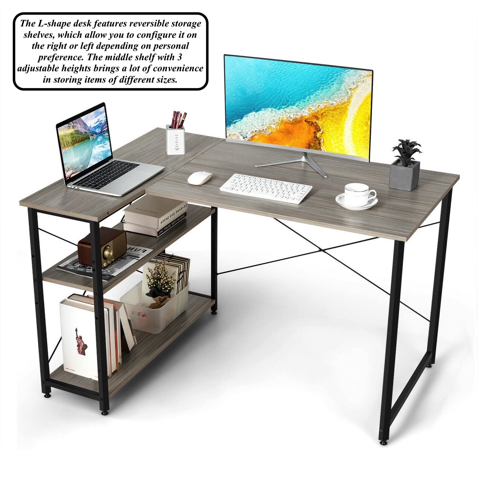 L-Shaped Computer Desk with 2-Tier Shelf - 48