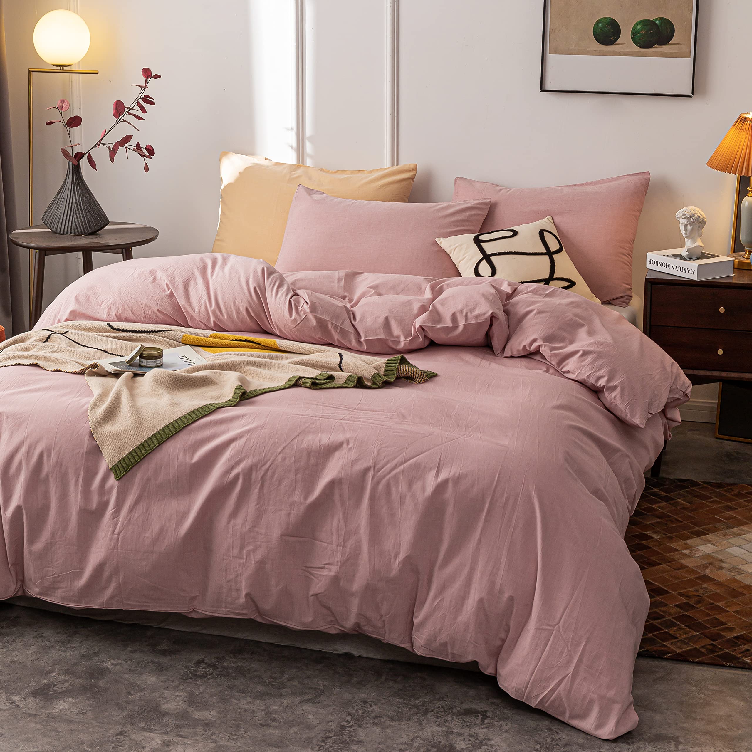 100% Washed Cotton Queen Duvet Cover Set - Ultra Soft Solid Dusty Pink with Zipper Closure (3-Piece) | Perfect for Master Bedroom, Guest Room & Cozy Home Decor