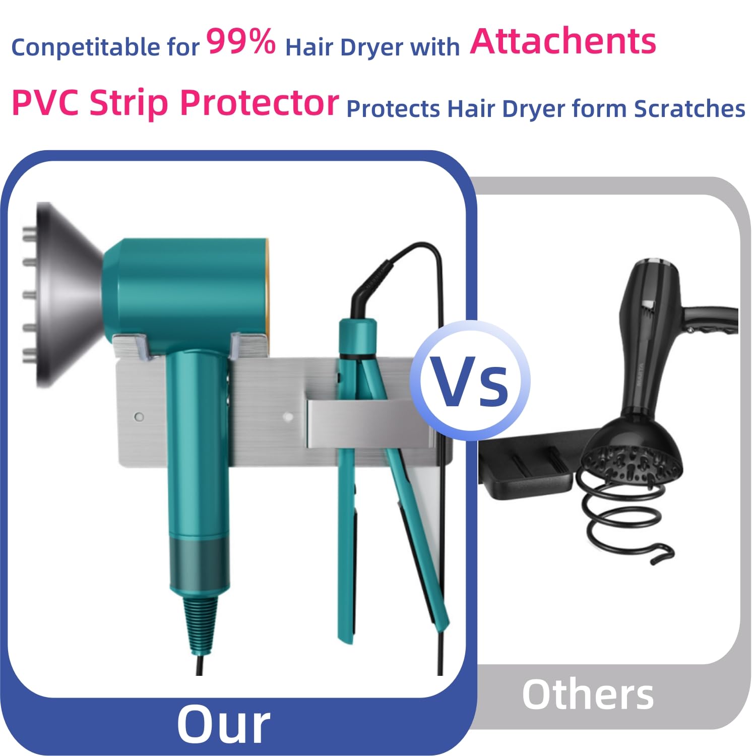Wall Mounted Hair Dryer Holder - Stainless Steel Hair Tool Organizer for Bathroom | Adhesive/Drilling Installation | Perfect for Blow Dryers & Straighteners | Space-Saving Bathroom Storage Solution