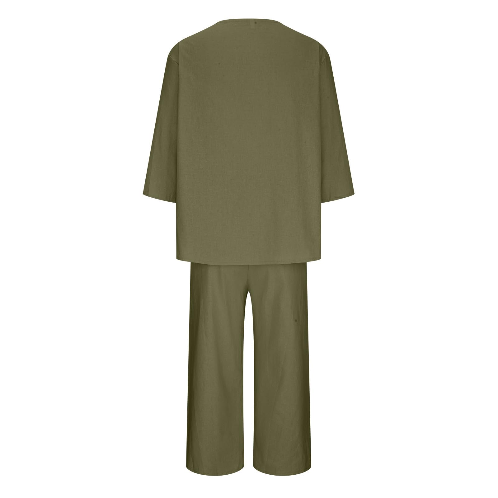 Oelaio 2024 Women's Plus Size Summer 2-Piece Outfit - Cotton Linen 3/4 Sleeve Shirt & Wide Leg Pants Lounge Set (Solid Colors) | Trendy Vacation Travel Outfit for Beach, Casual Wear & Relaxation